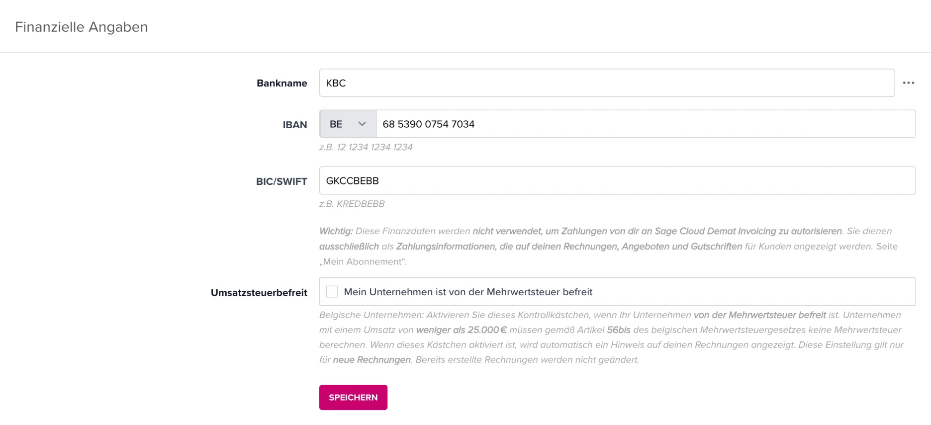 Der Abschnitt Finanzielle Angaben mit der Option Umsatzsteuerbefreit