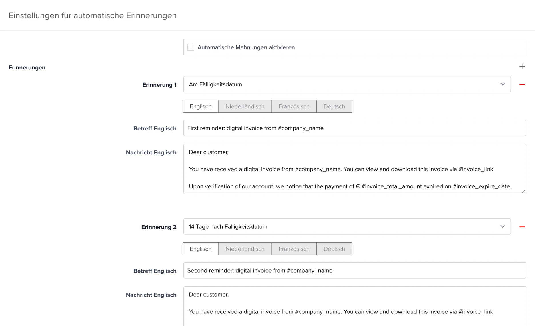 Einstellungen für automatische Erinnerungen