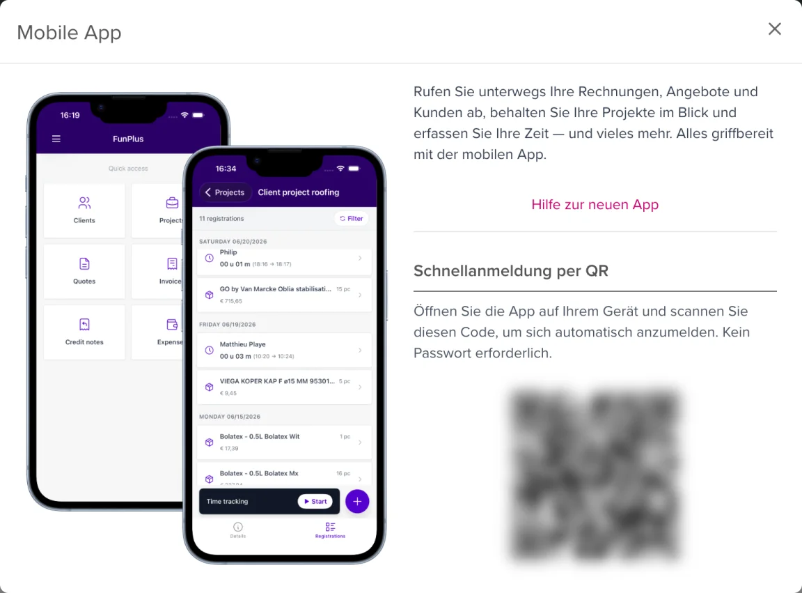 Das Fenster Mobile App mit dem QR-Code für die Schnellanmeldung