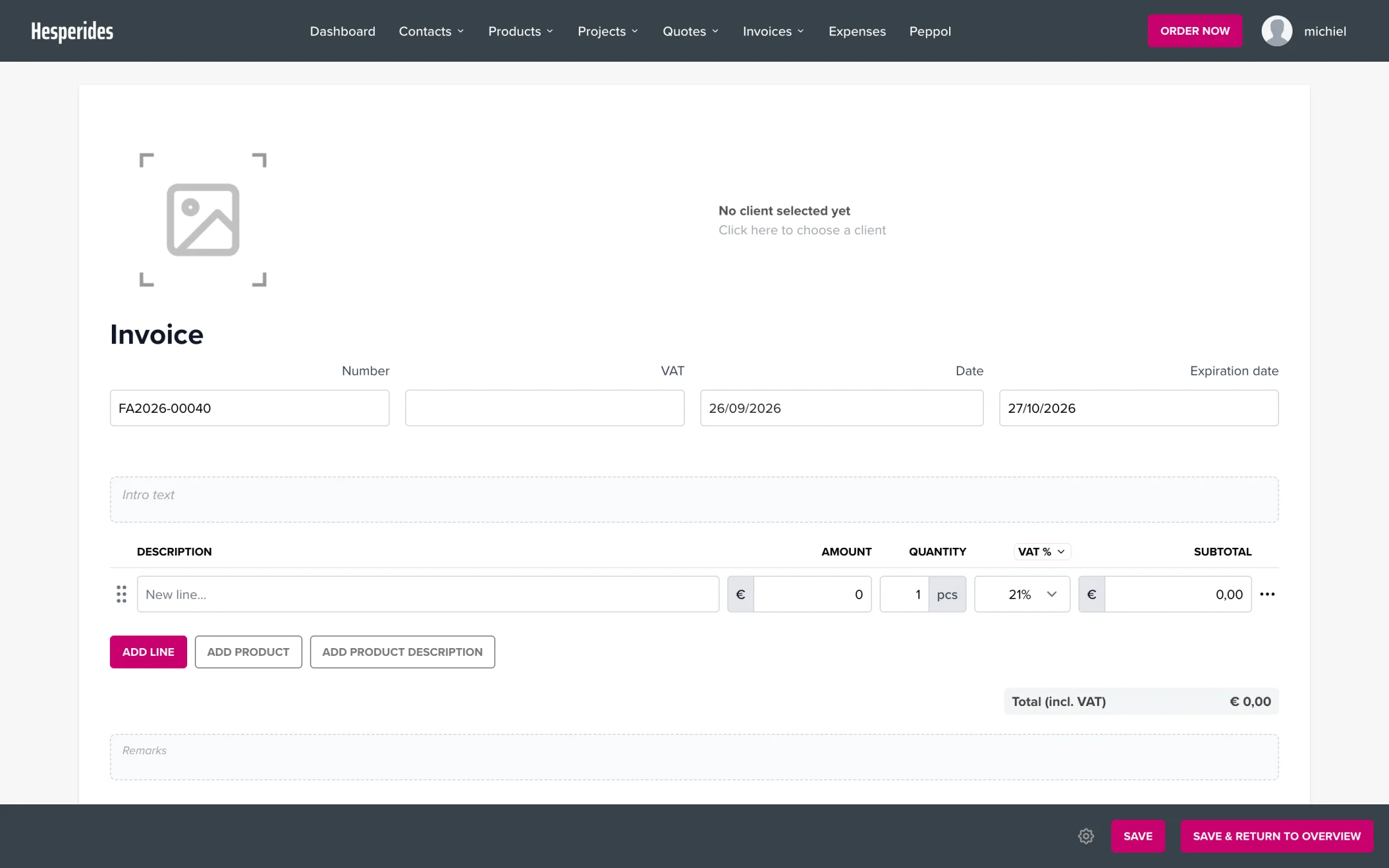 The invoice editor with the Add line and Add product buttons
