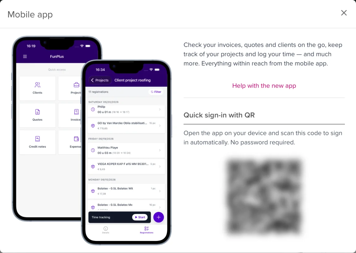 The Mobile app window with the QR code for quick sign-in
