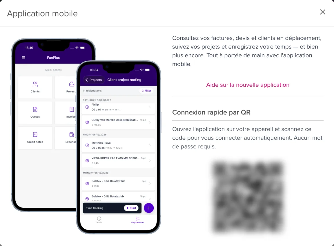 La fenêtre Application mobile avec le code QR pour se connecter rapidement