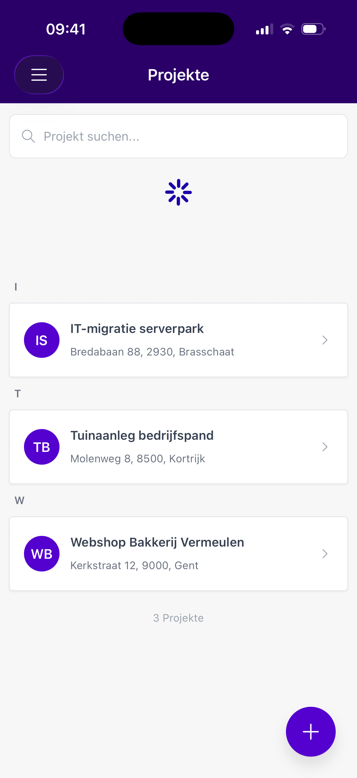 Projektliste in der App