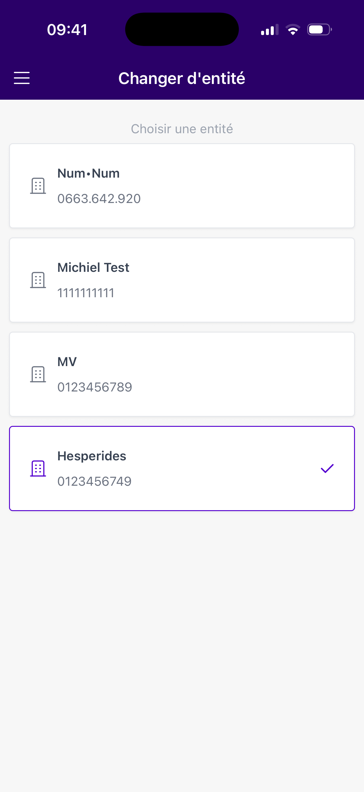 Choisir une entreprise dans l'application