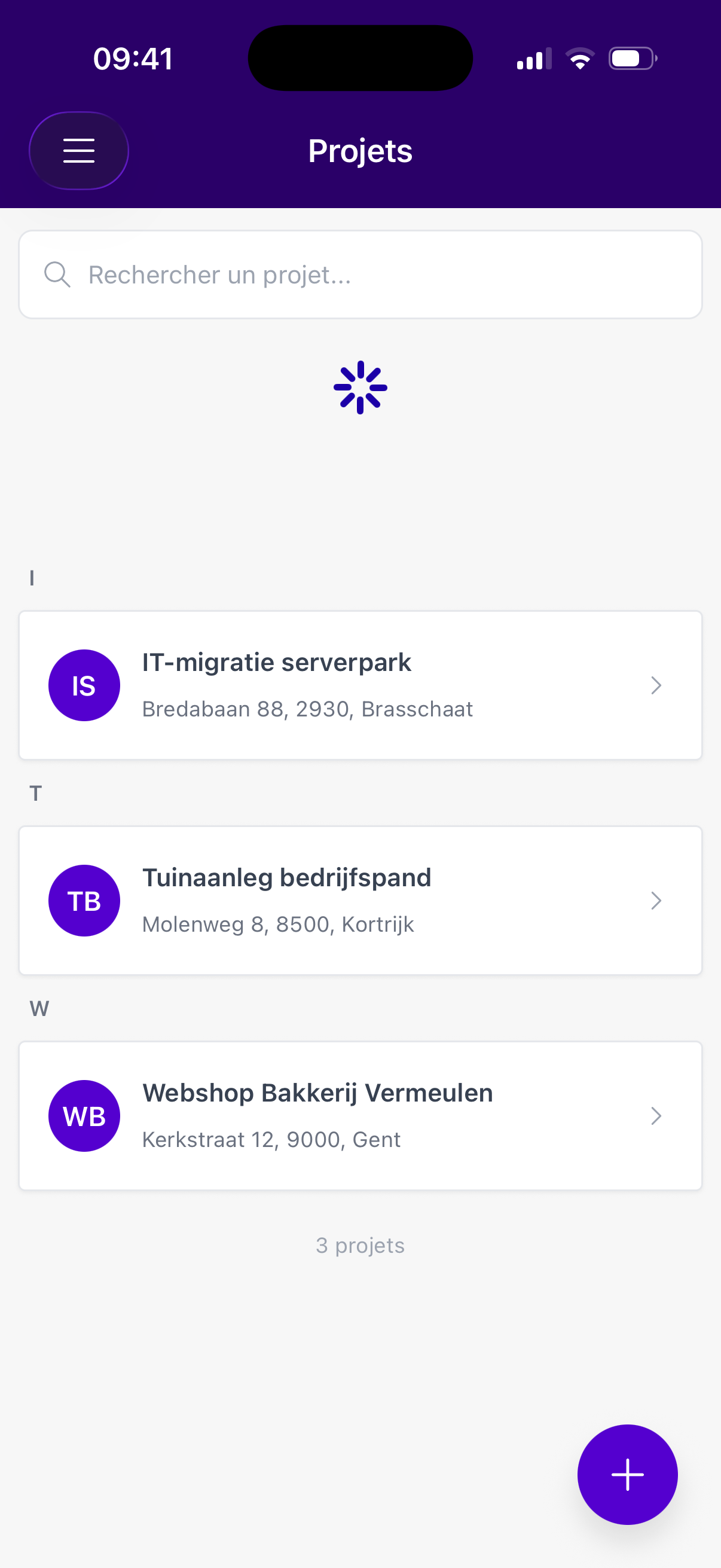 Liste des projets dans l'application