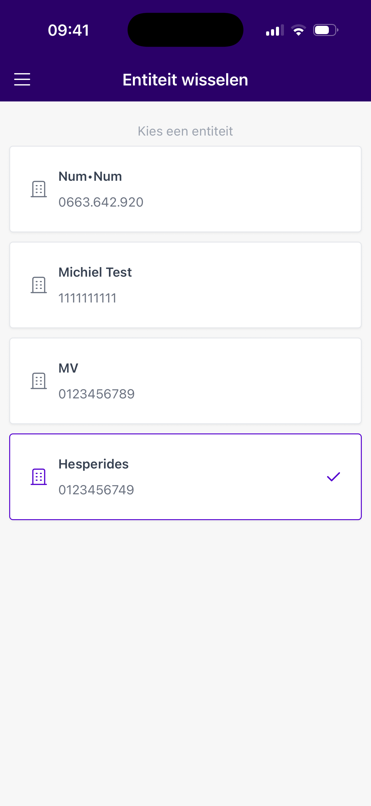 Bedrijf kiezen in de app