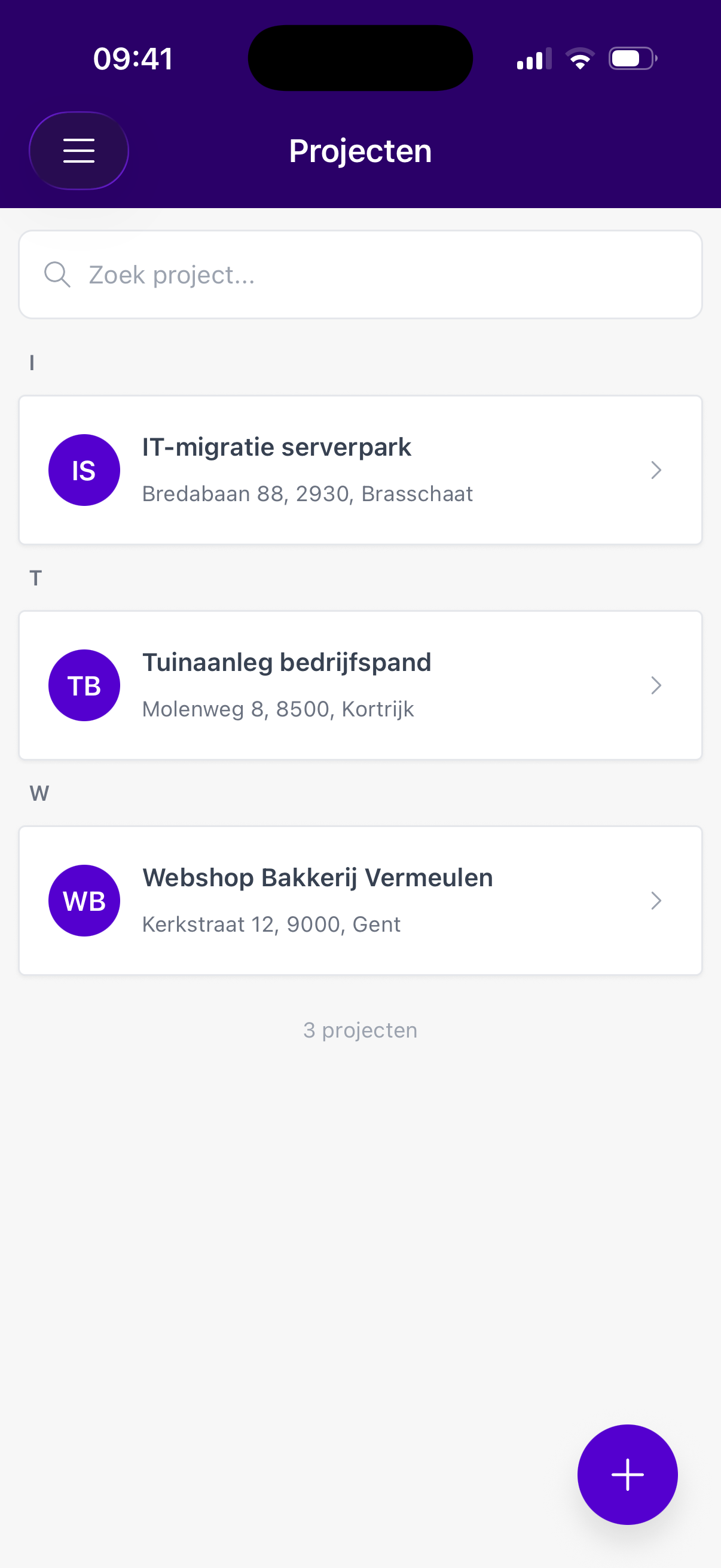 Projectenlijst in de app